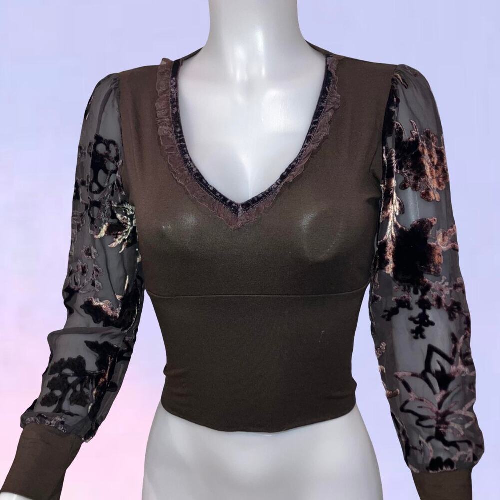 Vintage 90s y2k long sleeve sheer burnout velvet sleeve italian top